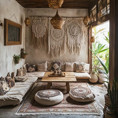 boho-zitplek-buiten-macrame-wand-versiering